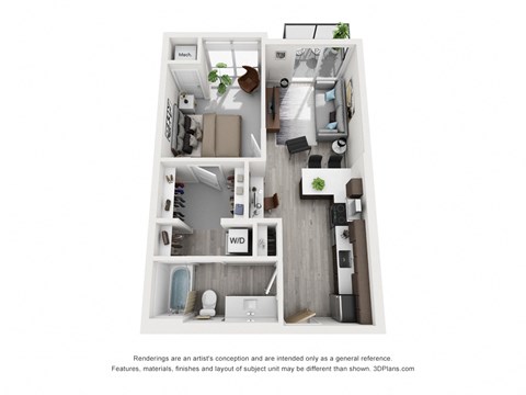 Floor plan for 1 bed, 1 bath, 614 sqft